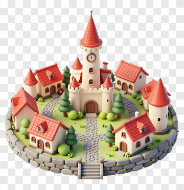 3D Castle With Surrounding Village PNG