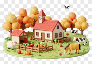 Colorful Farm Scene With House And Animals PNG