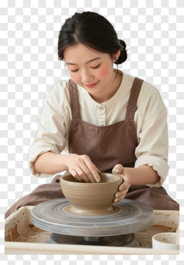 Woman Shaping Clay On A Pottery Wheel PNG