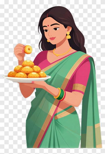 Woman In Saree Holding A Plate Of Sweets PNG