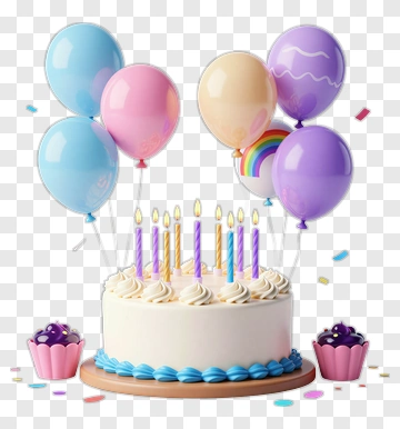 Birthday Cake With Colorful Balloons And Cupcakes PNG