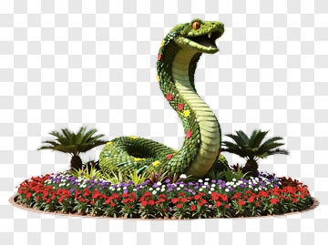 Snake Sculpture Surrounded By Colorful Flowers PNG