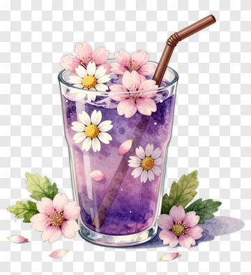 Purple Drink With Flowers And Straw PNG