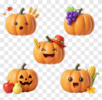 Happy Cartoon Pumpkins With Various Expressions PNG