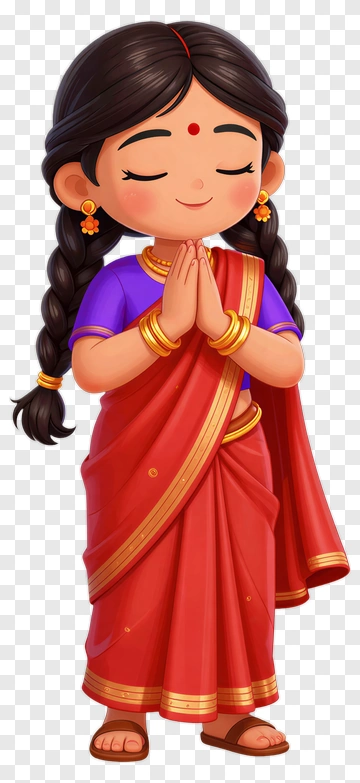 Cartoon Girl In Red Saree With Hands Together PNG