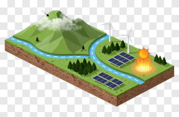 Isometric Landscape With Solar Panels And Wind Turbines PNG