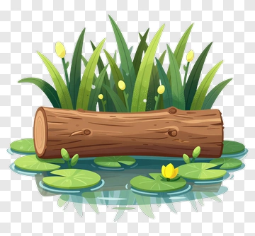 Log Surrounded By Water Lilies And Grass PNG