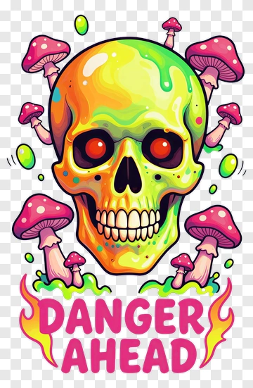 Colorful Skull Surrounded By Mushrooms With Danger Ahead Text PNG