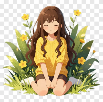 Girl Sitting In A Garden With Flowers PNG