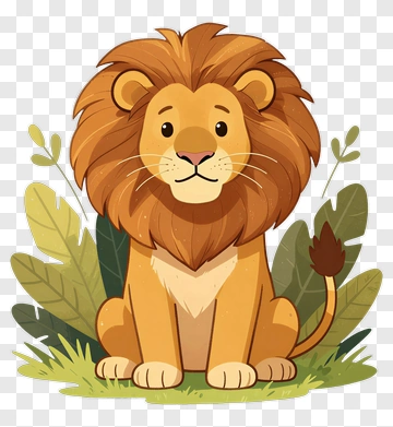 Cartoon Lion Sitting Among Leaves PNG