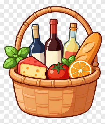 Food Basket With Cheese, Wine, And Bread PNG