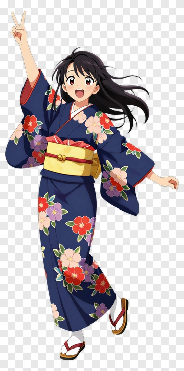 Girl In Kimono Making A Peace Sign PNG