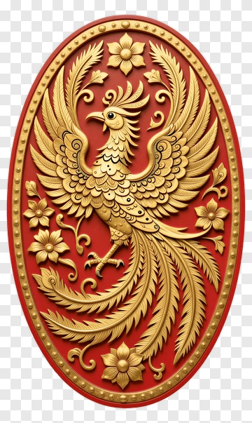 Golden Phoenix Relief On Red Background PNG