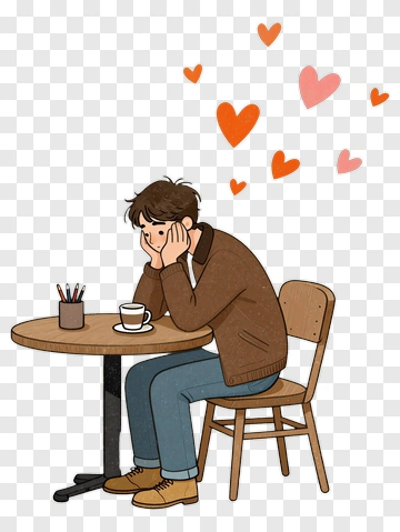 Sad Man Sitting At A Table With A Coffee Cup PNG