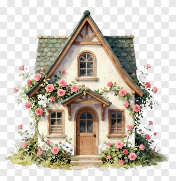 Charming Cottage Surrounded By Pink Roses PNG