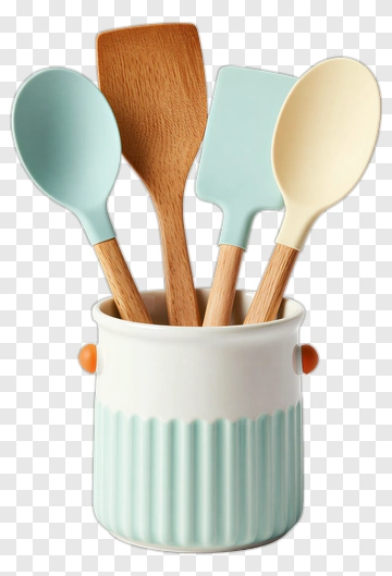 Kitchen Utensil Holder With Wooden And Silicone Tools PNG