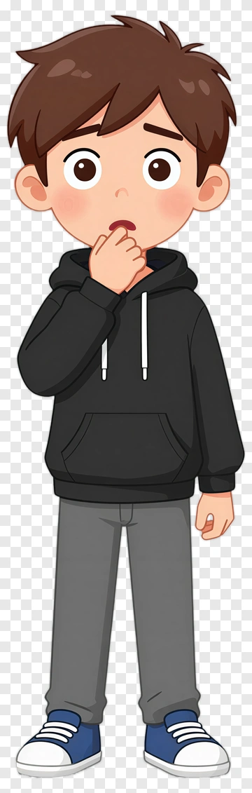 Cartoon Boy Thinking With Hand On Mouth PNG