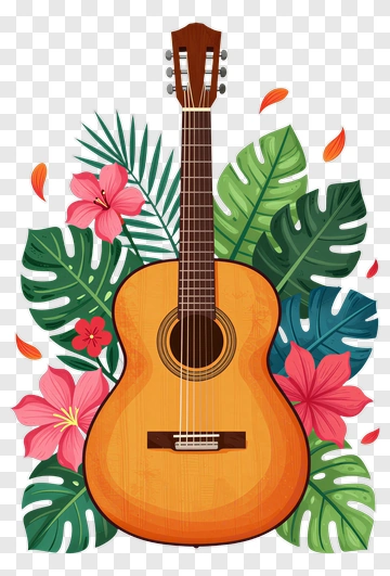 Guitar Surrounded By Tropical Flowers And Leaves PNG