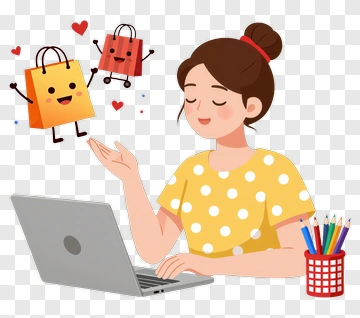 Cartoon Woman Shopping Online With Happy Bags PNG