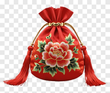 Red Chinese Silk Pouch With Floral Design PNG
