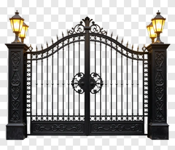 Elegant Black Wrought Iron Gate With Lanterns PNG