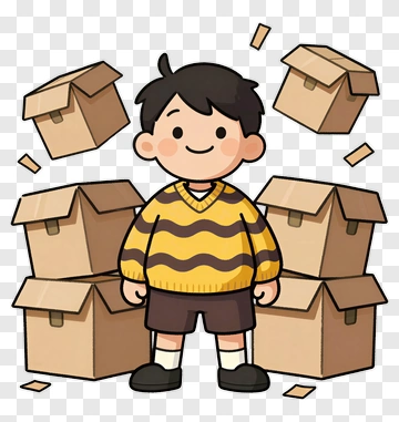 Cartoon Boy Standing Among Cardboard Boxes PNG
