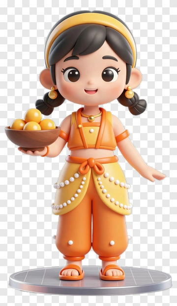 3D Girl Holding A Bowl Of Oranges PNG