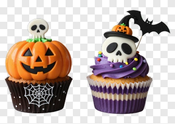 Halloween Cupcakes With Pumpkin And Skull Decorations PNG