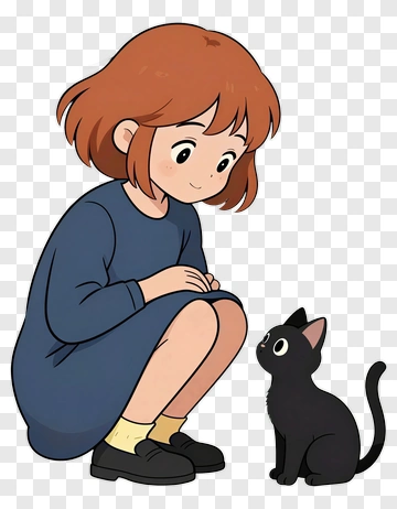 Girl Interacting With A Black Cat PNG