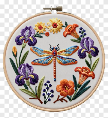 Colorful Embroidery Of A Dragonfly Surrounded By Flowers PNG