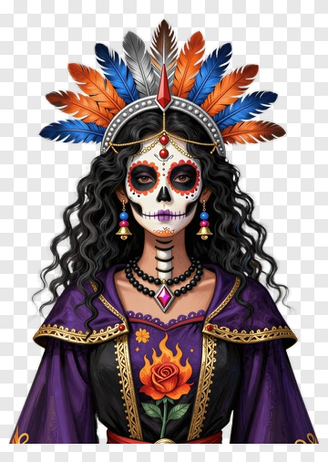 Colorful Day Of The Dead Woman With Floral Headdress PNG