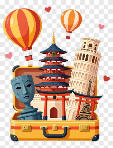 Travel Suitcase With Famous Landmarks And Hot Air Balloons PNG