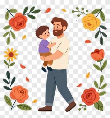 Happy Father Holding His Son Surrounded By Flowers PNG