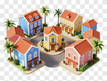 Colorful Residential Neighborhood With Houses And Palm Trees PNG