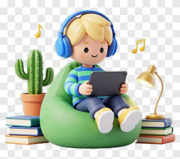 Cartoon Boy Sitting In A Bean Bag With Tablet PNG