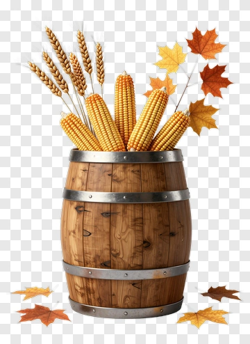 Wooden Barrel Filled With Corn And Autumn Leaves PNG