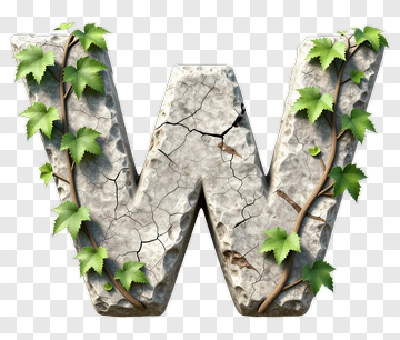 Cracked Stone Letter W With Green Vines PNG