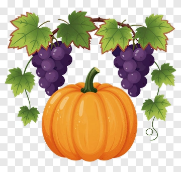 Pumpkin Surrounded By Grapes And Leaves PNG