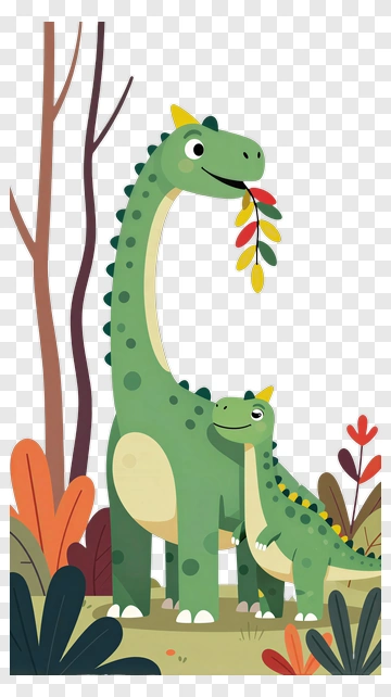 Cartoon Dinosaurs In A Colorful Forest PNG