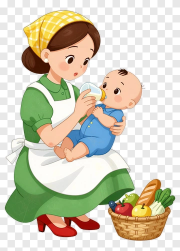 Cartoon Woman Feeding Baby PNG