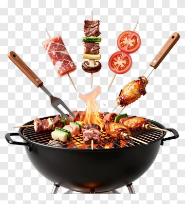Barbecue Grill With Skewered Meat And Vegetables PNG