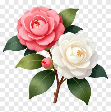 Colorful Camellia Flowers With Green Leaves PNG