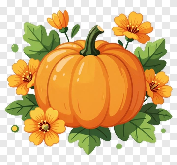 Colorful Pumpkin Surrounded By Flowers PNG