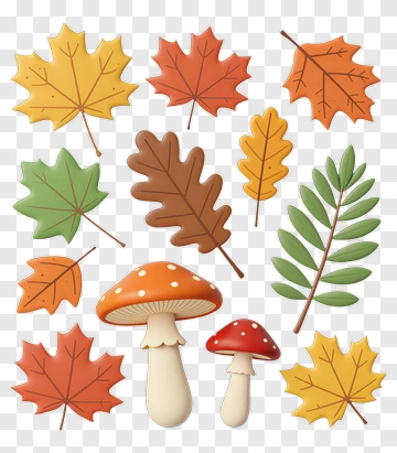 Colorful Autumn Leaves And Mushrooms PNG