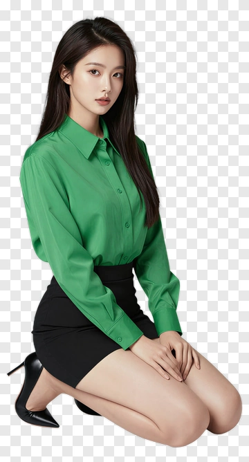 Woman In Green Shirt And Black Skirt PNG