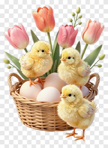 Cute Chicks In A Basket With Tulips PNG