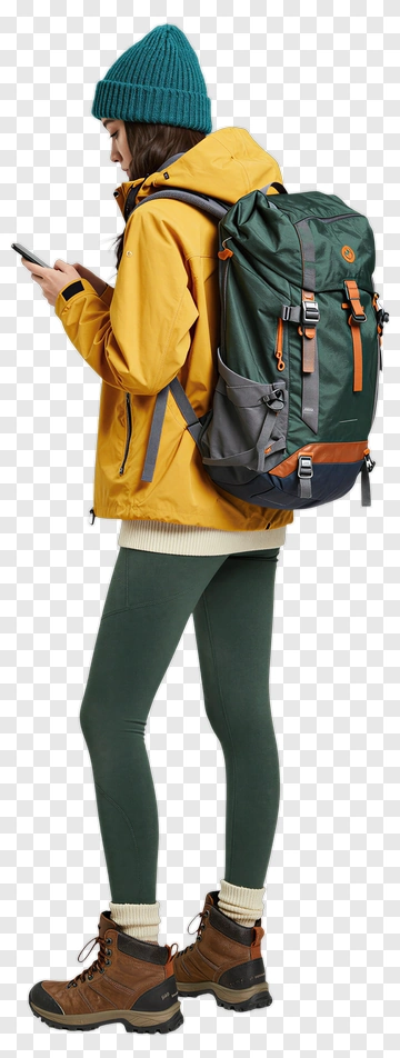 Woman In Outdoor Gear Using Smartphone PNG