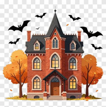 Haunted House With Bats And Autumn Trees PNG