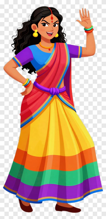 Cartoon Woman In Colorful Traditional Dress PNG