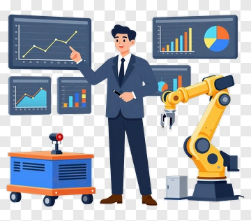Businessman Presenting Data With A Robotic Arm PNG